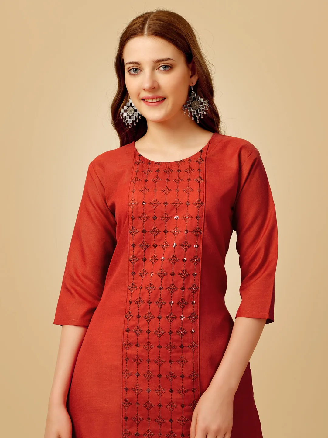 Rust Heavy Rayon Cotton with Embroidery Work Kurti Set