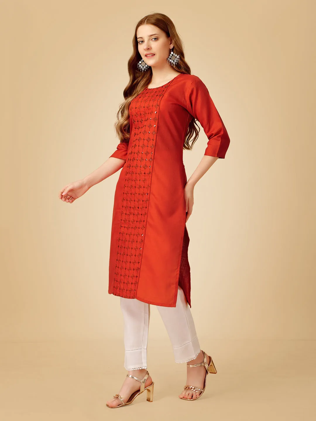 Rust Heavy Rayon Cotton with Embroidery Work Kurti Set