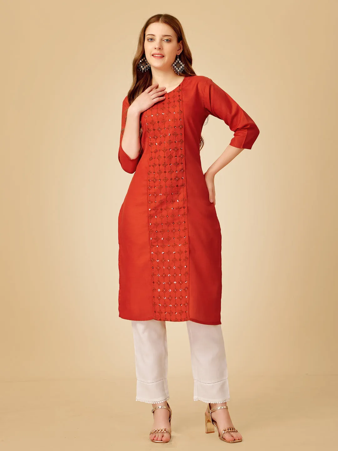 Rust Heavy Rayon Cotton with Embroidery Work Kurti Set