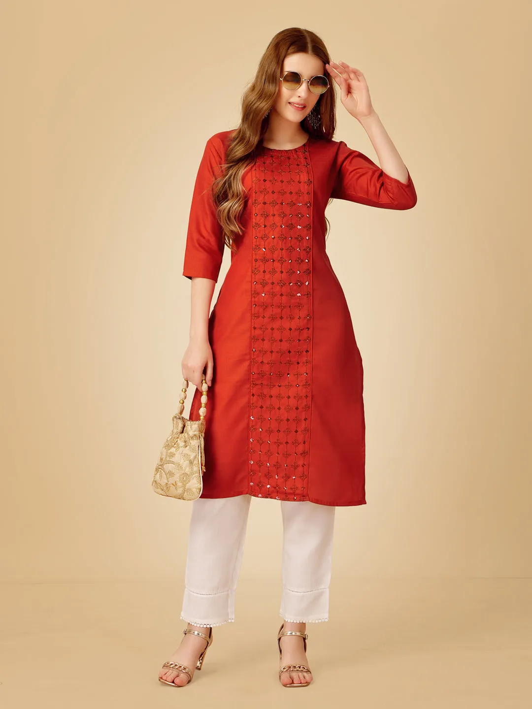 Rust Heavy Rayon Cotton with Embroidery Work Kurti Set