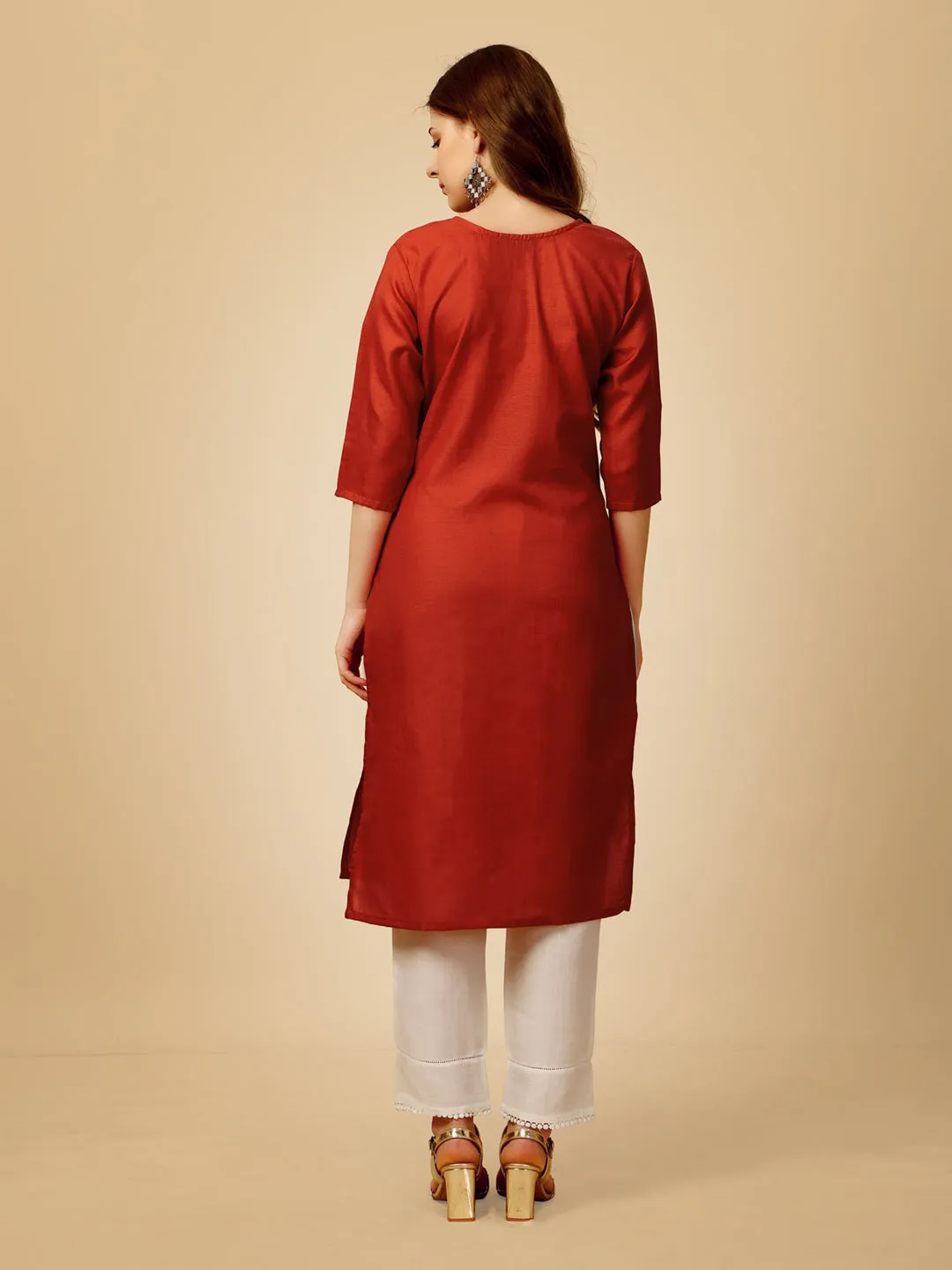 Rust Heavy Rayon Cotton with Embroidery Work Kurti Set
