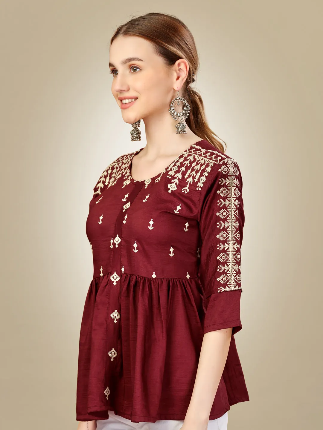 Rust Heavy Rayon with Embroidery & Sequence Work Western Top Kurti