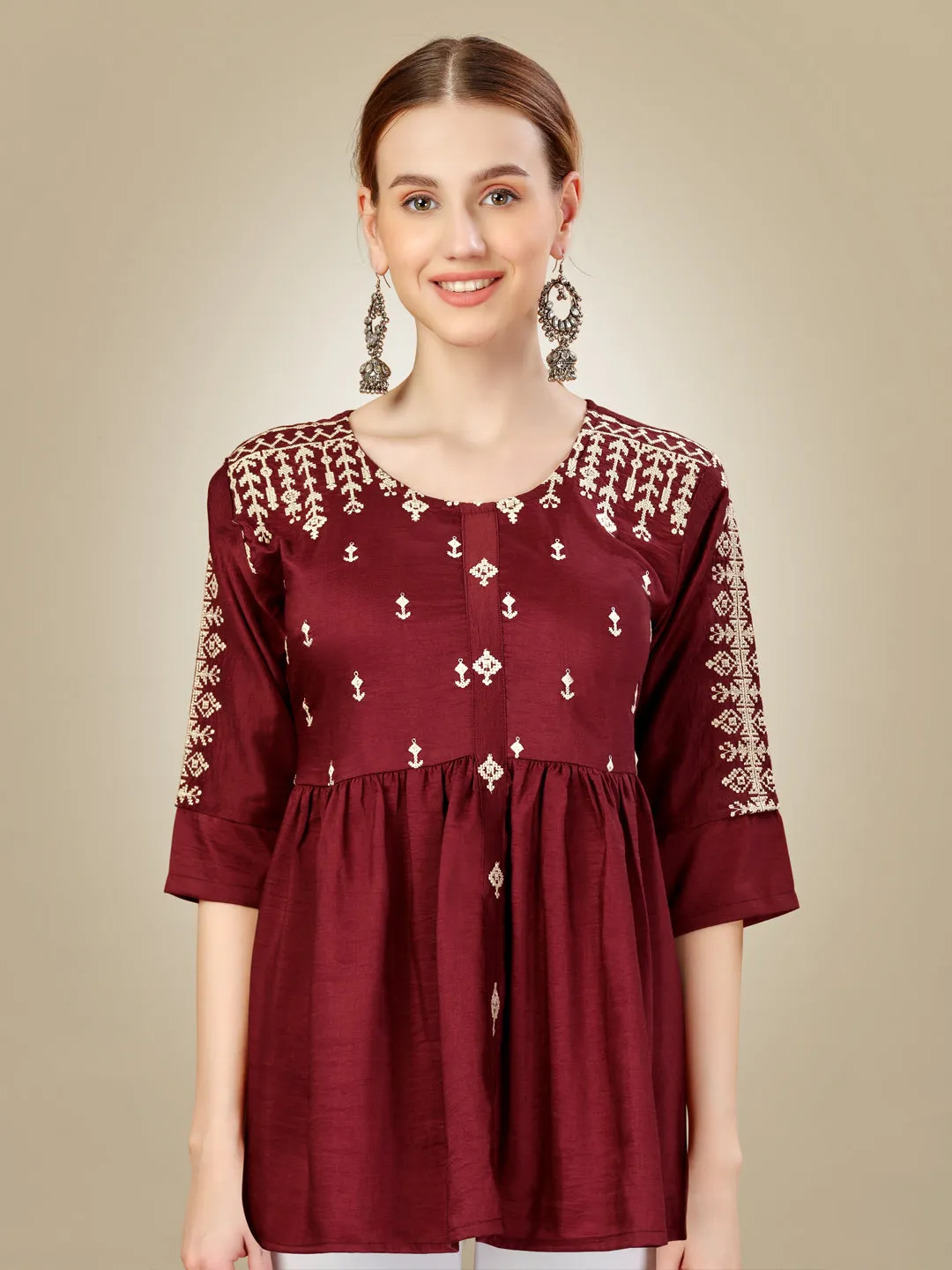Rust Heavy Rayon with Embroidery & Sequence Work Western Top Kurti