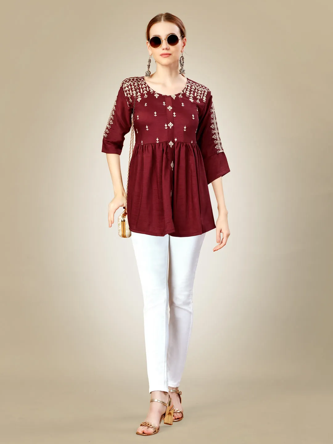 Rust Heavy Rayon with Embroidery & Sequence Work Western Top Kurti