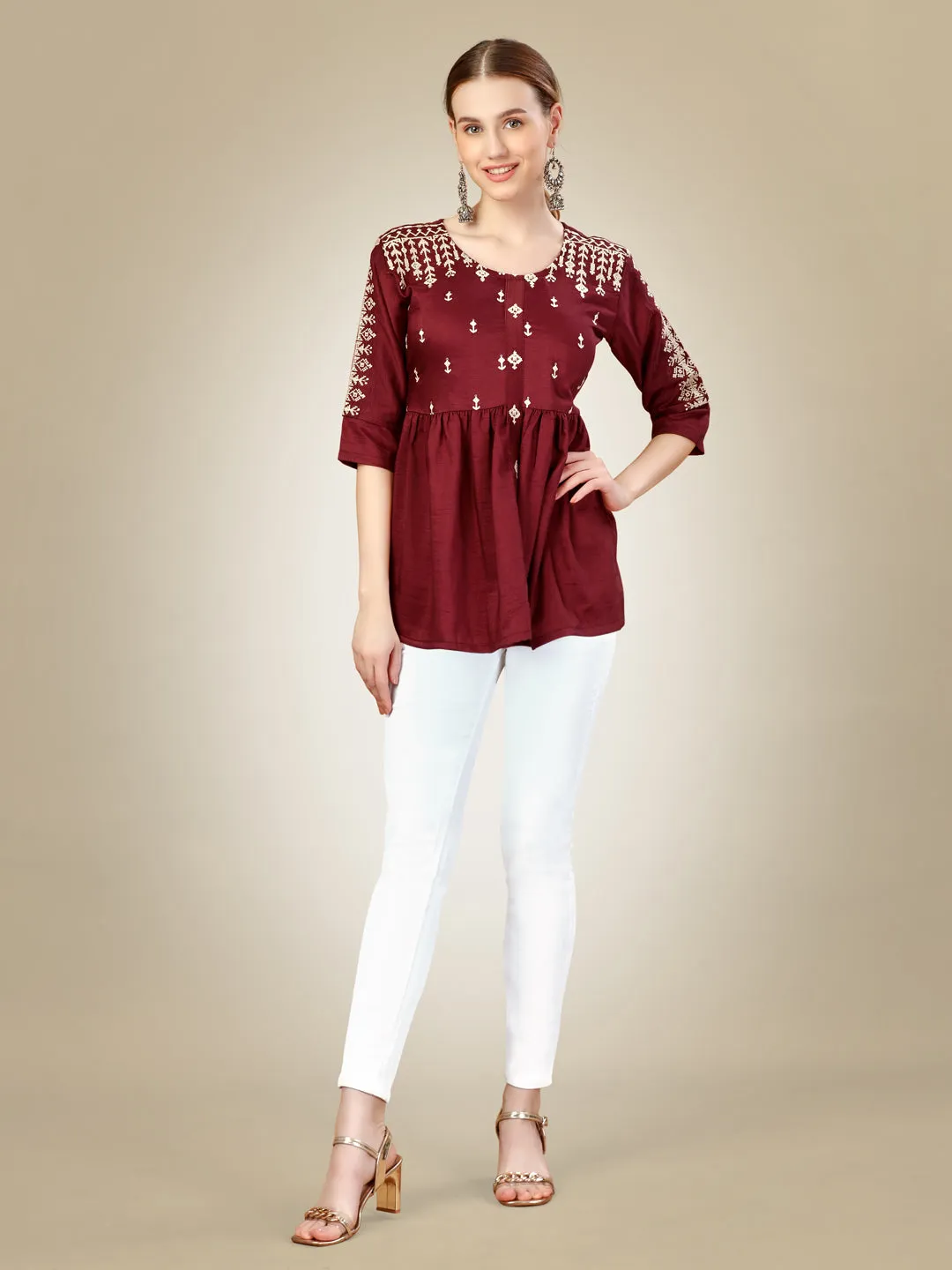 Rust Heavy Rayon with Embroidery & Sequence Work Western Top Kurti