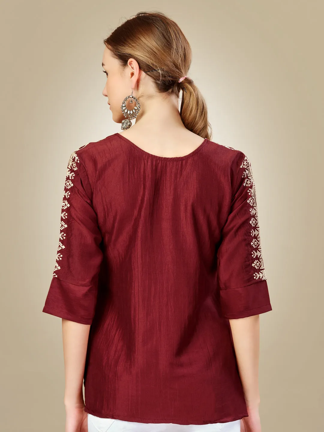 Rust Heavy Rayon with Embroidery & Sequence Work Western Top Kurti