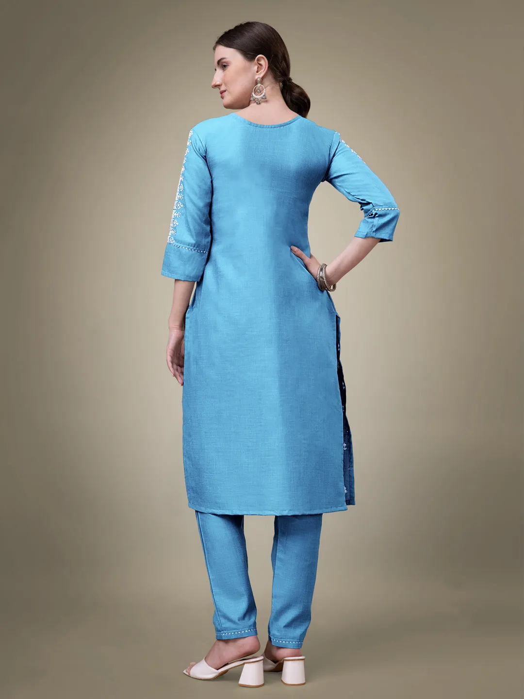 Sky Blue Heavy Cotton Blend with Embroidery Work Kurti Set