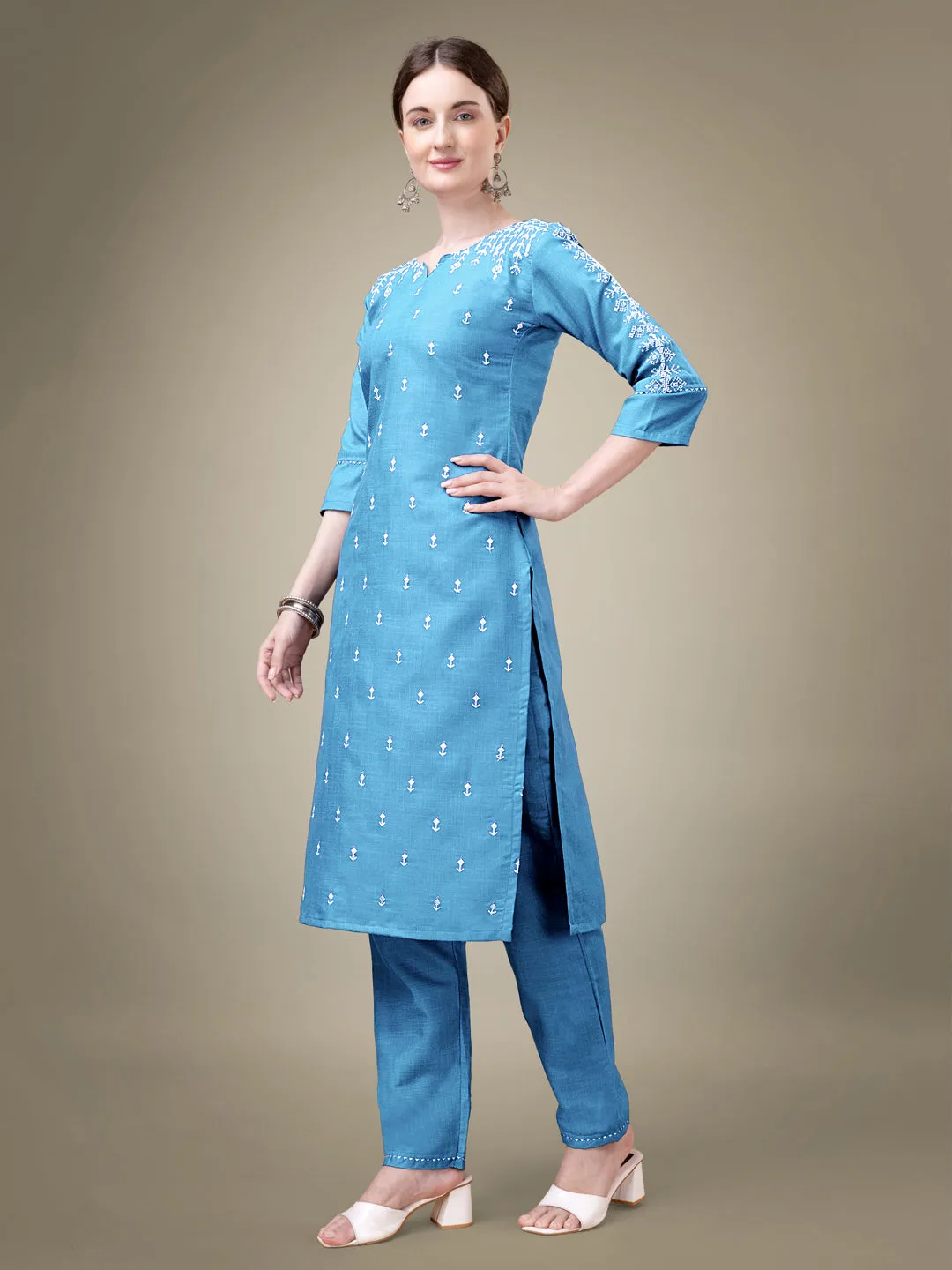 Sky Blue Heavy Cotton Blend with Embroidery Work Kurti Set