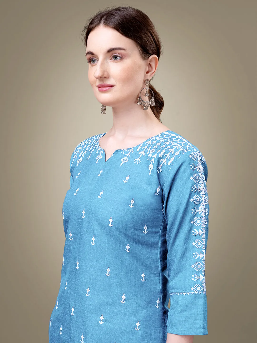 Sky Blue Heavy Cotton Blend with Embroidery Work Kurti Set