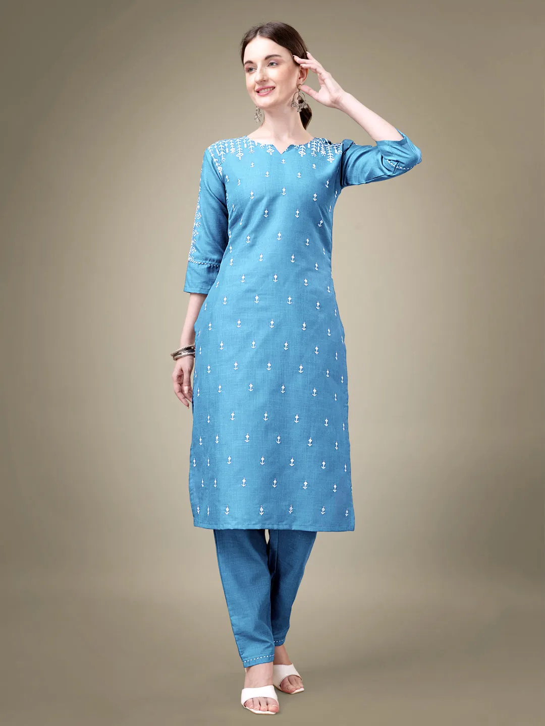 Sky Blue Heavy Cotton Blend with Embroidery Work Kurti Set