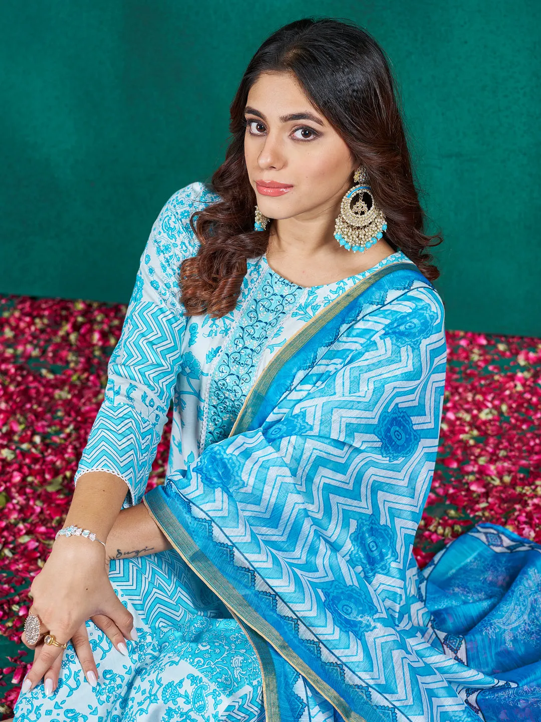Sky Rayon Print with Embroidery & Fancy Lace Work Kurti Set