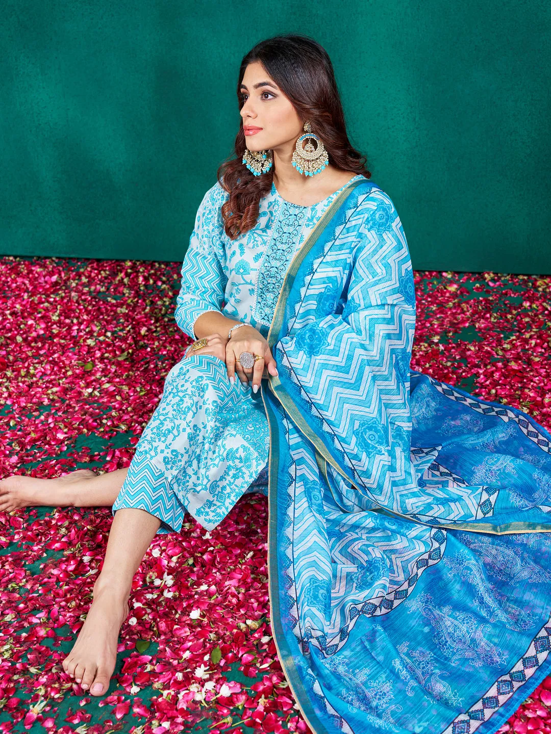 Sky Rayon Print with Embroidery & Fancy Lace Work Kurti Set