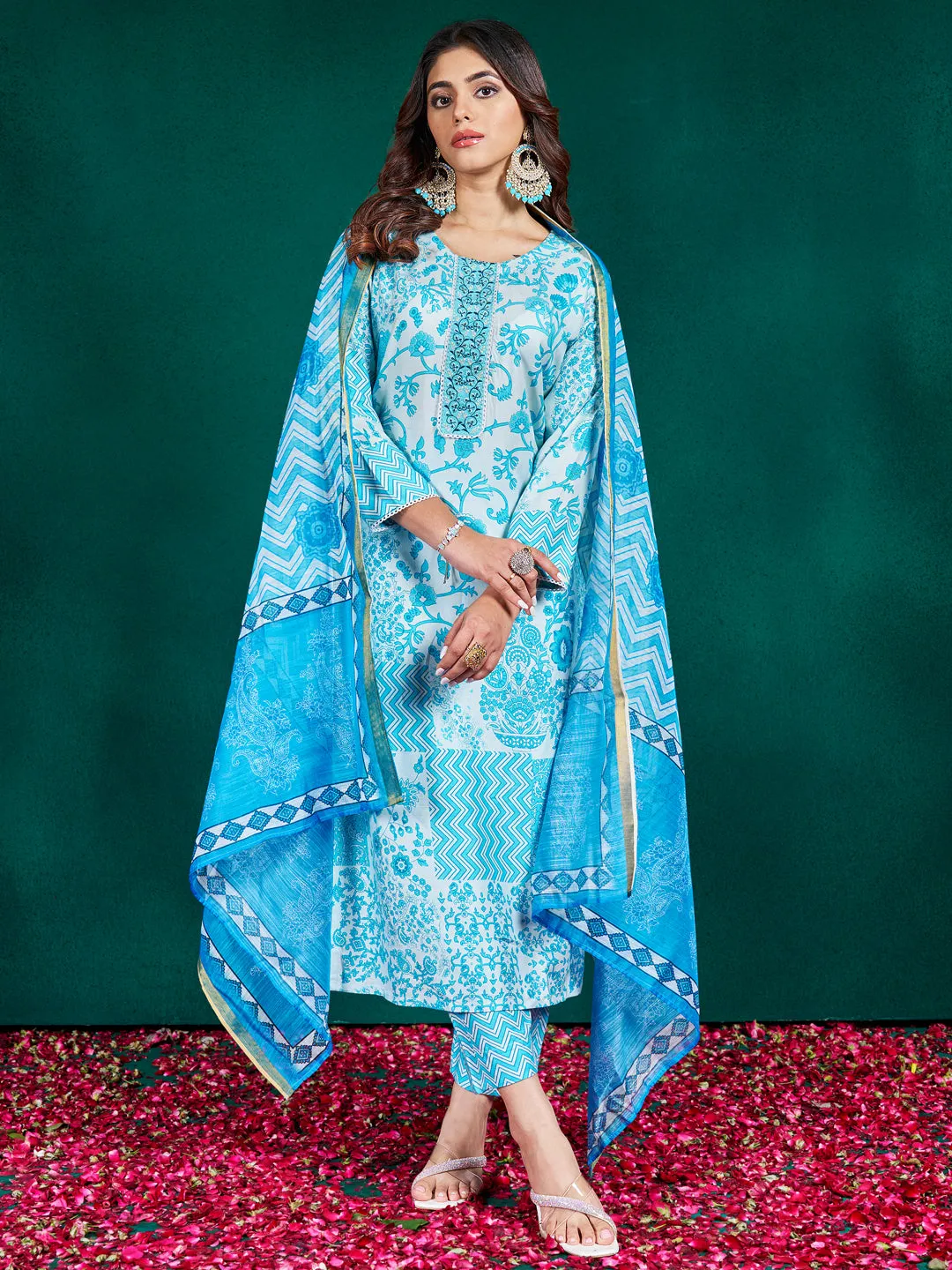 Sky Rayon Print with Embroidery & Fancy Lace Work Kurti Set