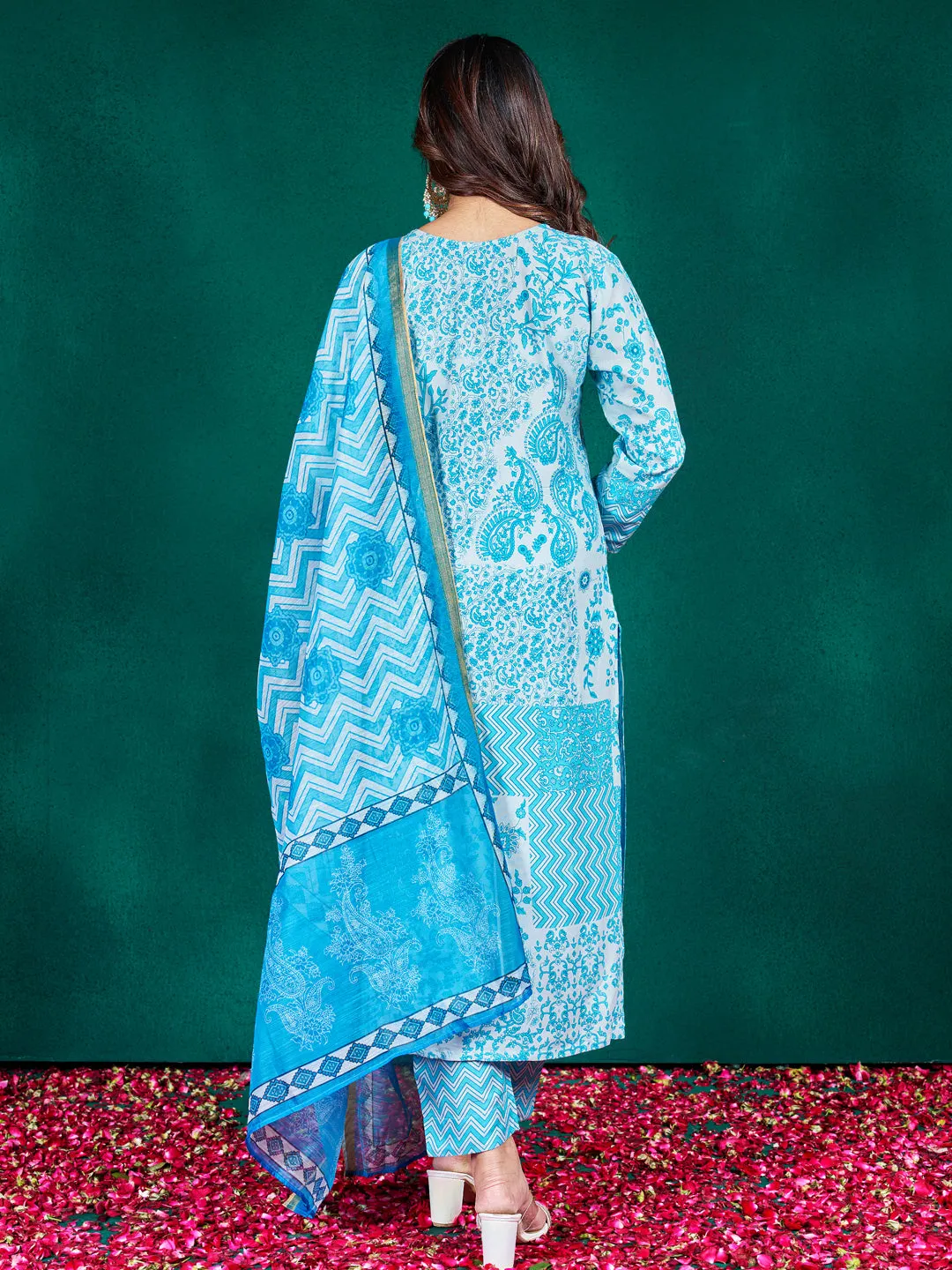 Sky Rayon Print with Embroidery & Fancy Lace Work Kurti Set