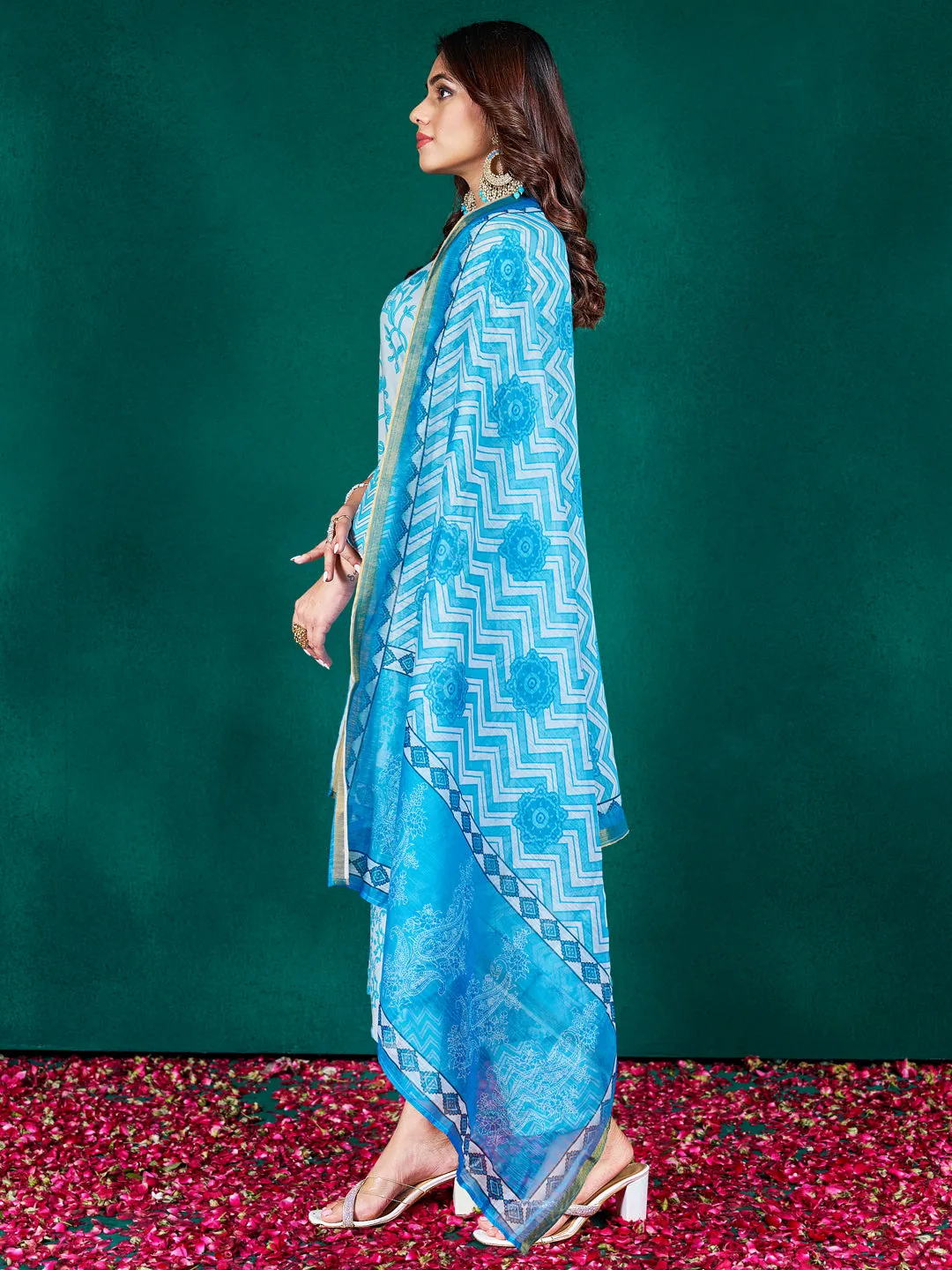 Sky Rayon Print with Embroidery & Fancy Lace Work Kurti Set