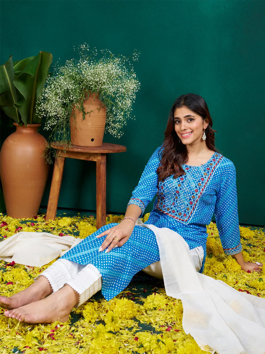 SkyBlue Rayon Print with Embroidery & Sequence Work Kurti Set