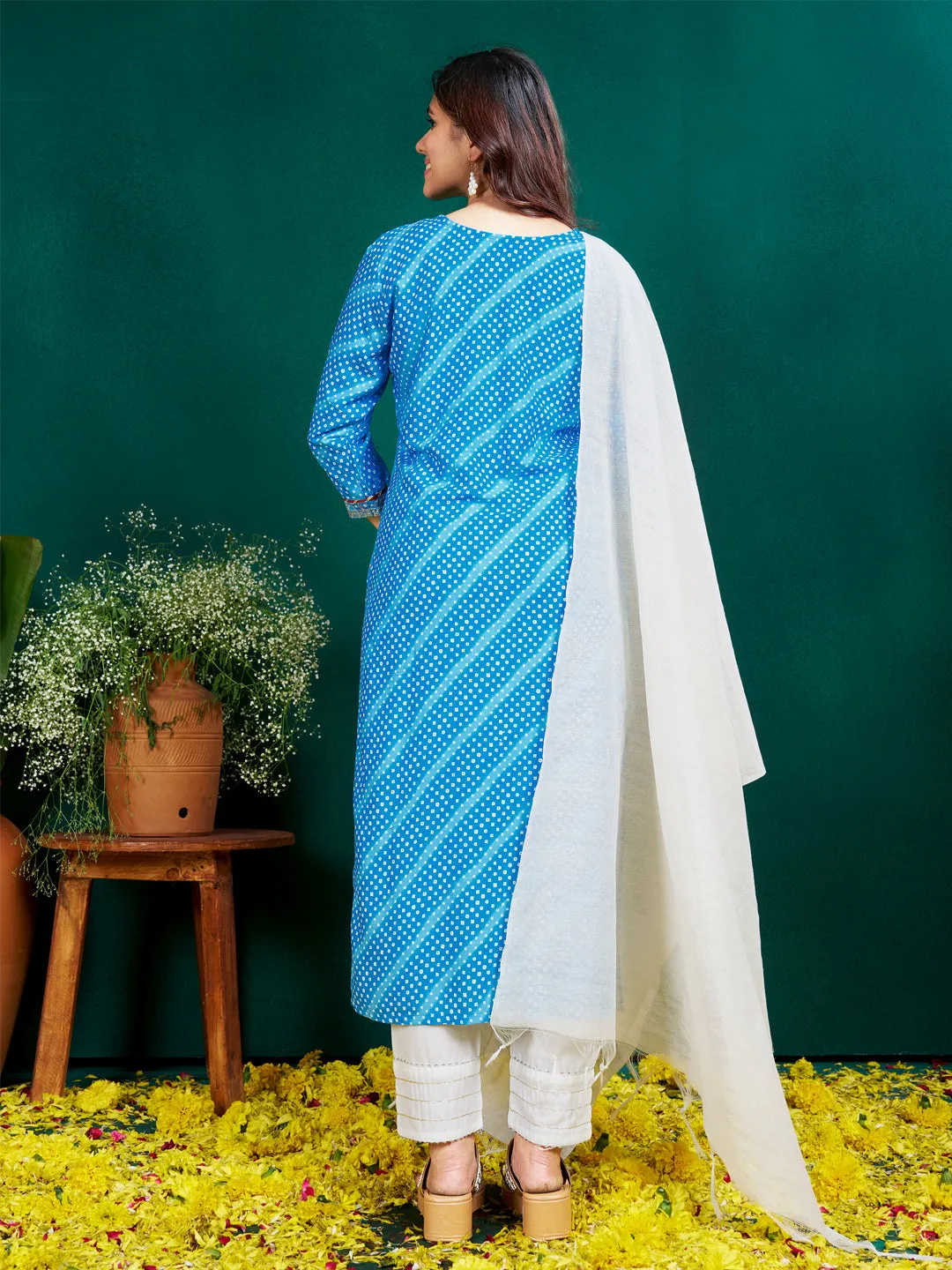 SkyBlue Rayon Print with Embroidery & Sequence Work Kurti Set