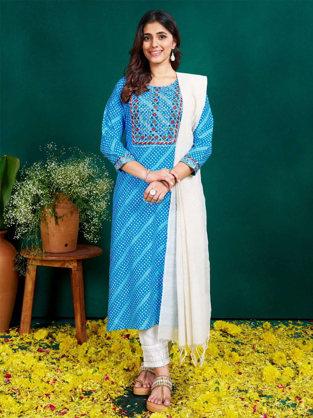 SkyBlue Rayon Print with Embroidery & Sequence Work Kurti Set