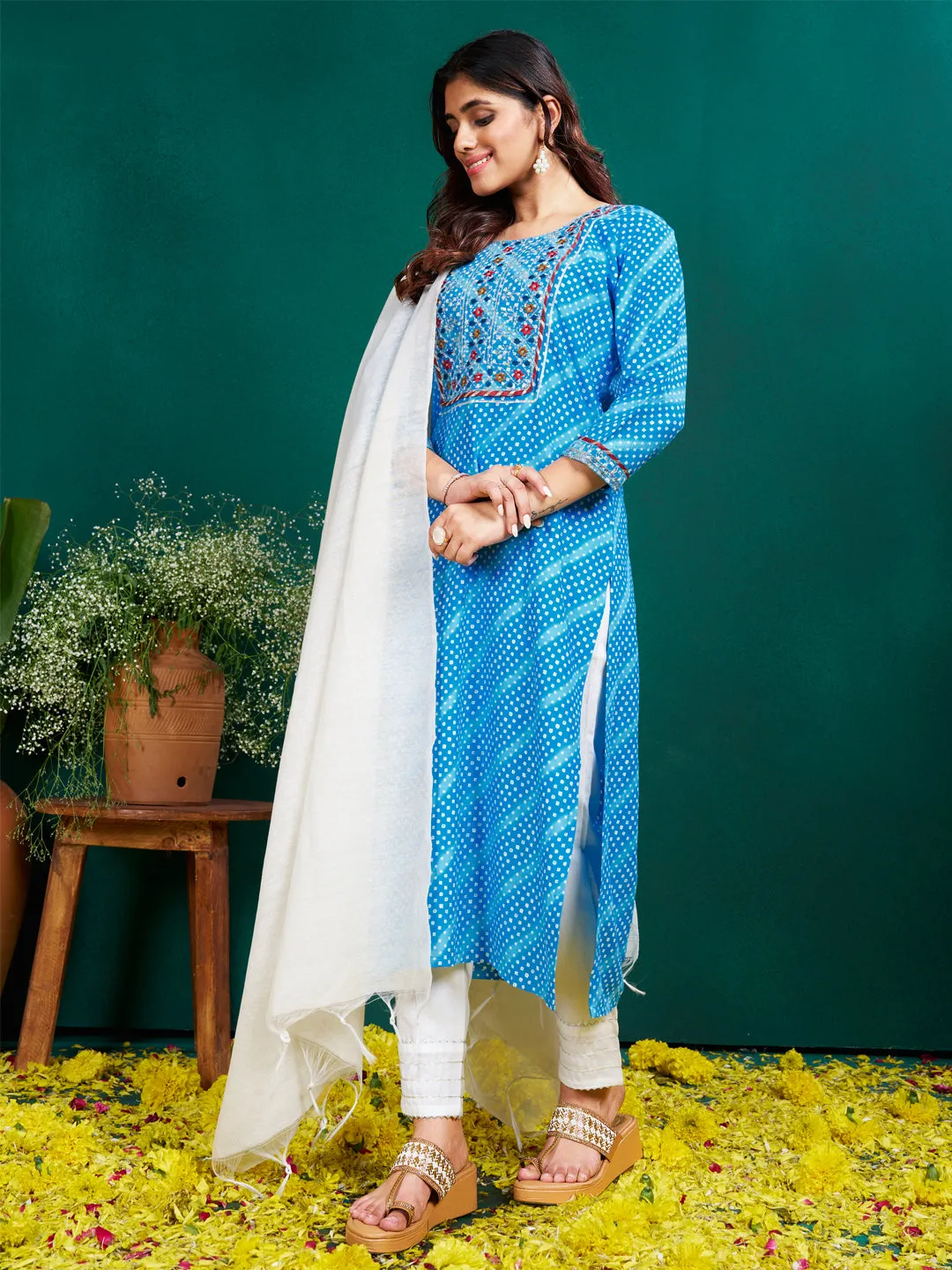 SkyBlue Rayon Print with Embroidery & Sequence Work Kurti Set