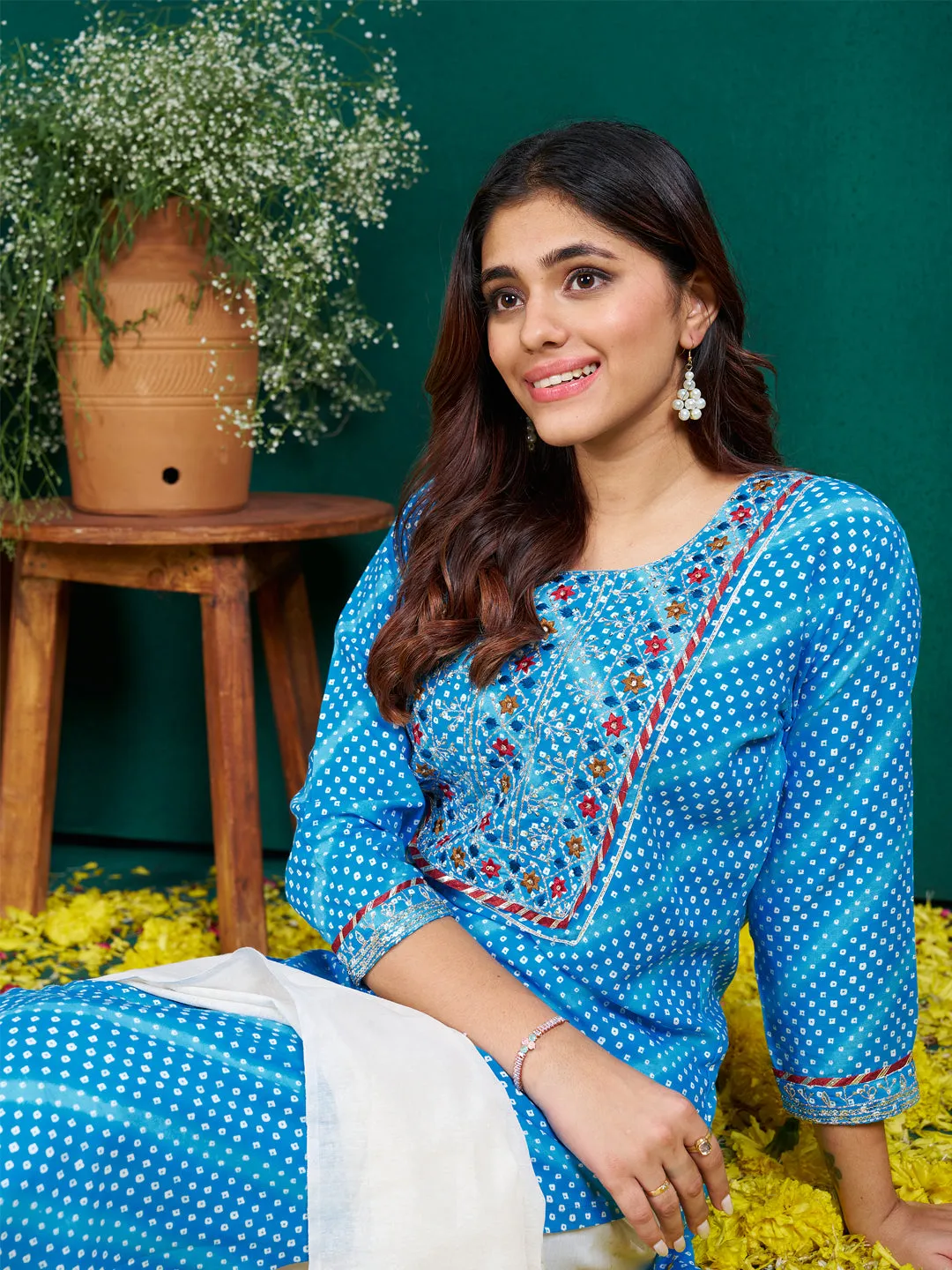 SkyBlue Rayon Print with Embroidery & Sequence Work Kurti Set