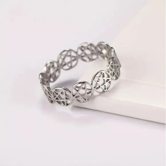 Stainless Steel Pentagram Ring | High Quality Hollowed Pentacles Connected