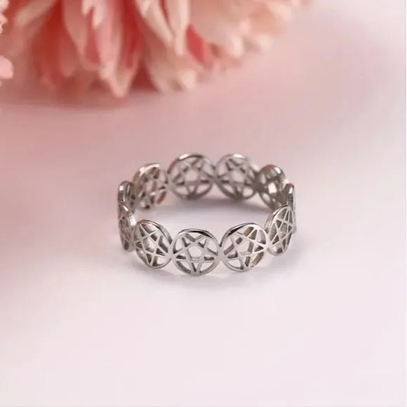 Stainless Steel Pentagram Ring | High Quality Hollowed Pentacles Connected