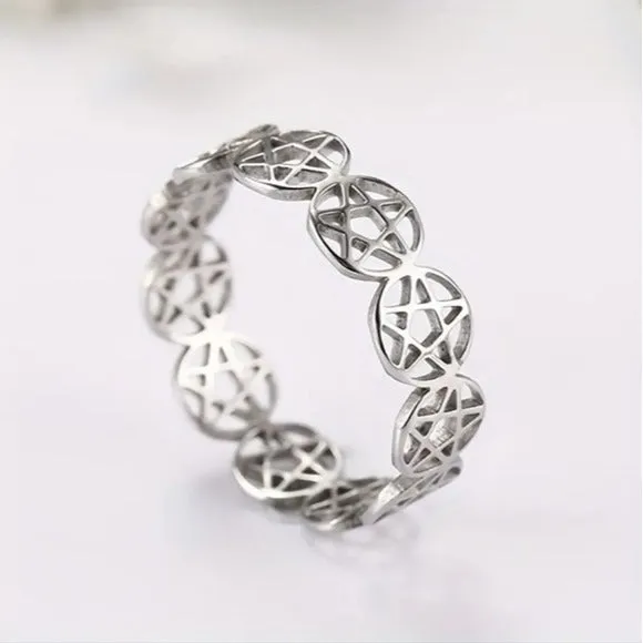 Stainless Steel Pentagram Ring | High Quality Hollowed Pentacles Connected