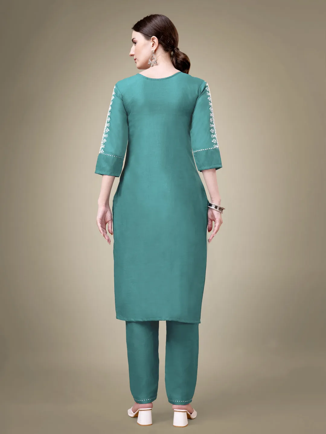Teal Heavy Cotton Blend with Embroidery Work Kurti Set