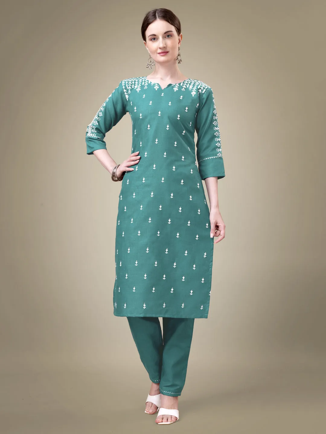 Teal Heavy Cotton Blend with Embroidery Work Kurti Set