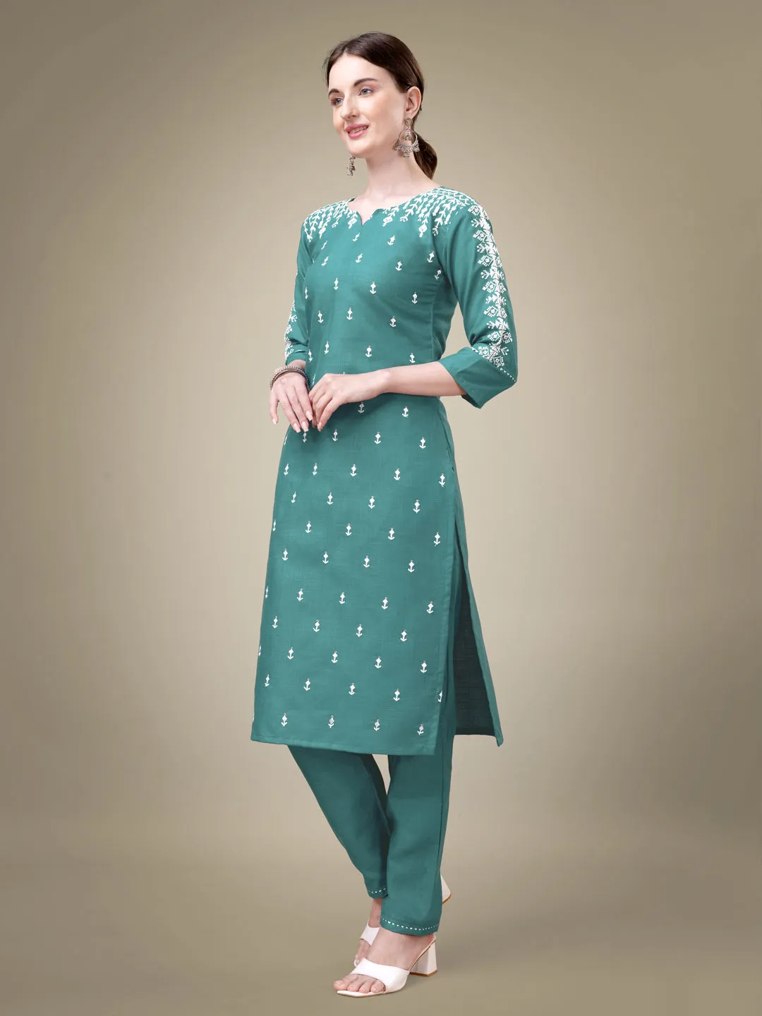 Teal Heavy Cotton Blend with Embroidery Work Kurti Set