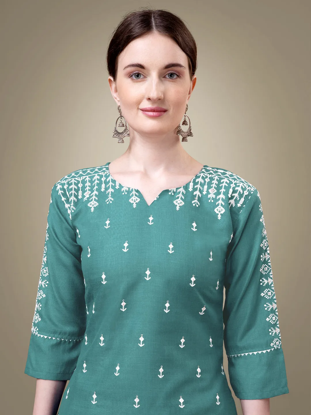Teal Heavy Cotton Blend with Embroidery Work Kurti Set