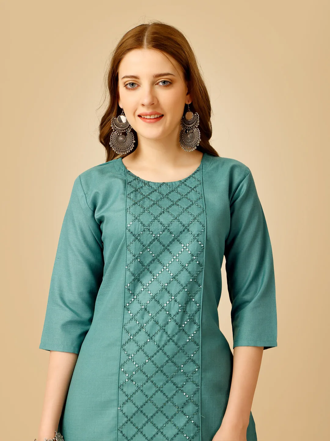 Teal Heavy Rayon Cotton with Embroidery Work Kurti Set