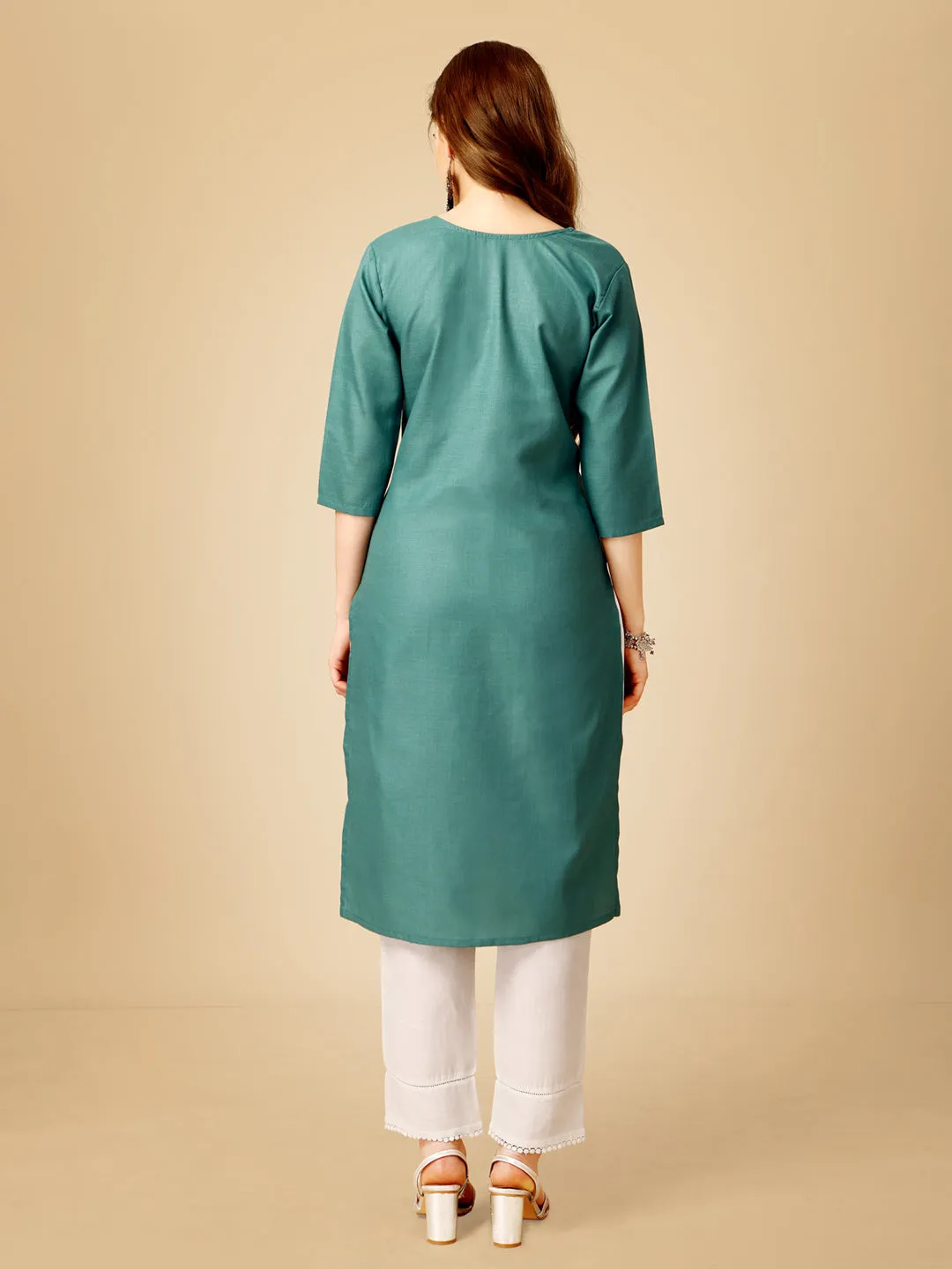 Teal Heavy Rayon Cotton with Embroidery Work Kurti Set