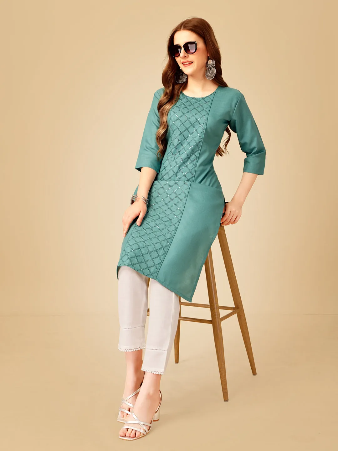Teal Heavy Rayon Cotton with Embroidery Work Kurti Set