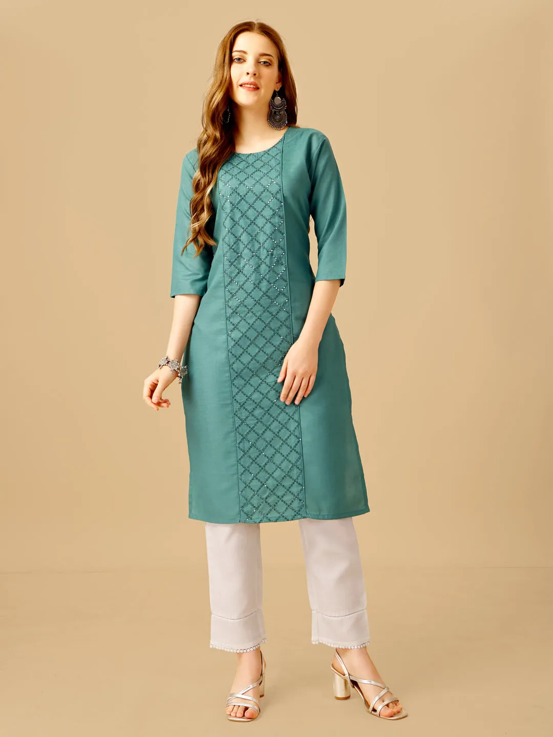 Teal Heavy Rayon Cotton with Embroidery Work Kurti Set