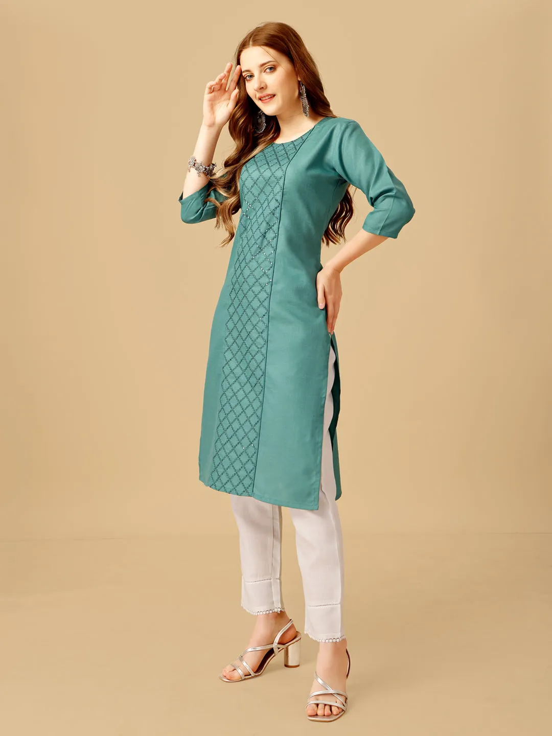 Teal Heavy Rayon Cotton with Embroidery Work Kurti Set