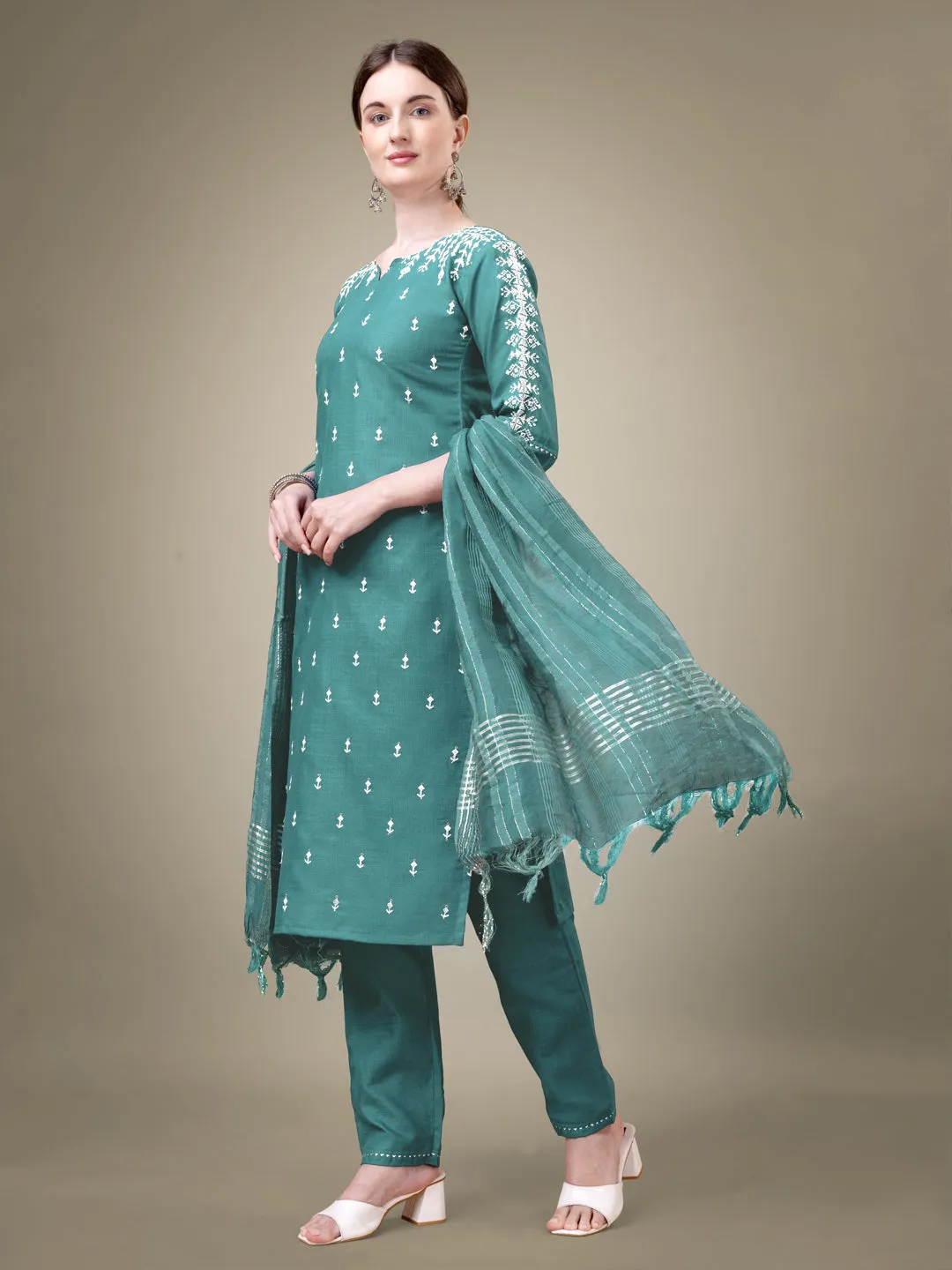 Teal Rayon Print with Embroidery & Sequence Work Kurti Set
