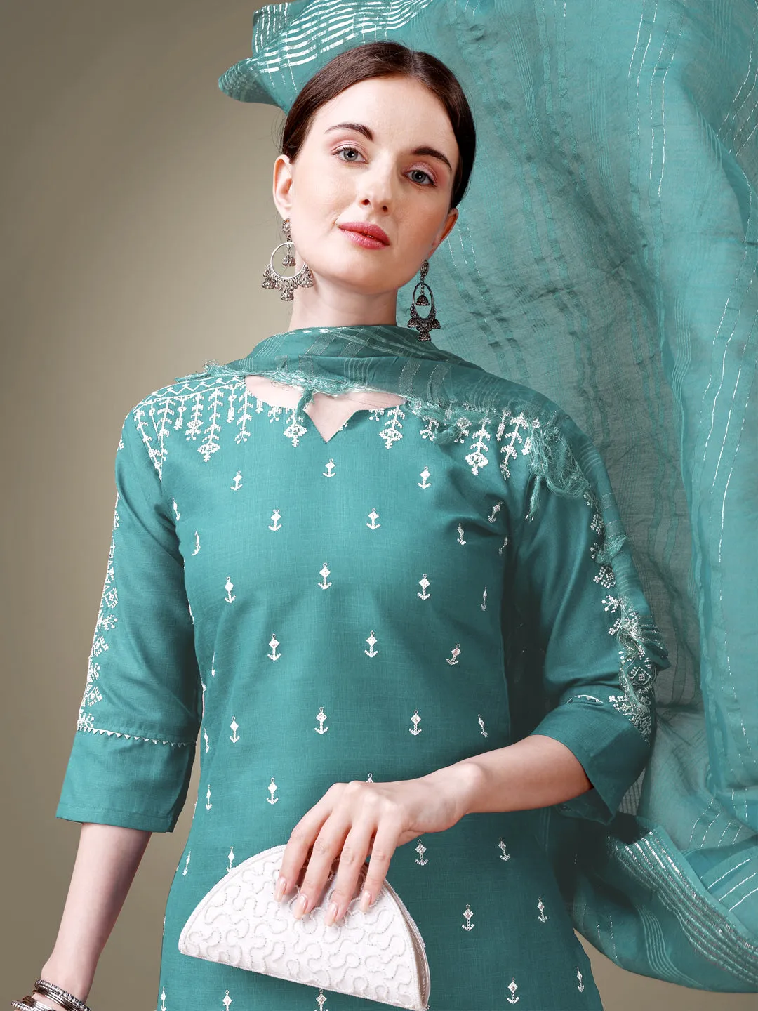 Teal Rayon Print with Embroidery & Sequence Work Kurti Set