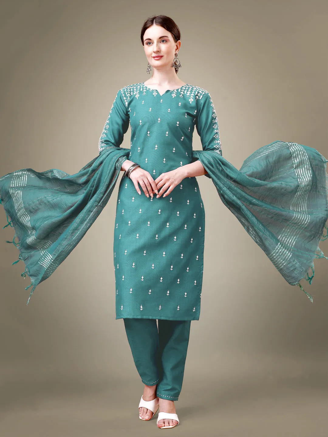 Teal Rayon Print with Embroidery & Sequence Work Kurti Set