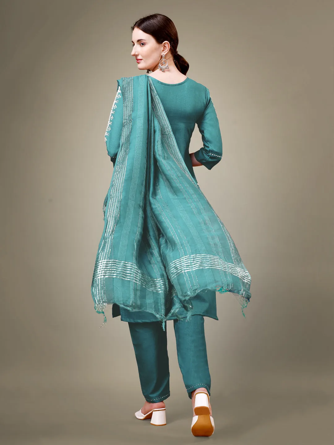 Teal Rayon Print with Embroidery & Sequence Work Kurti Set