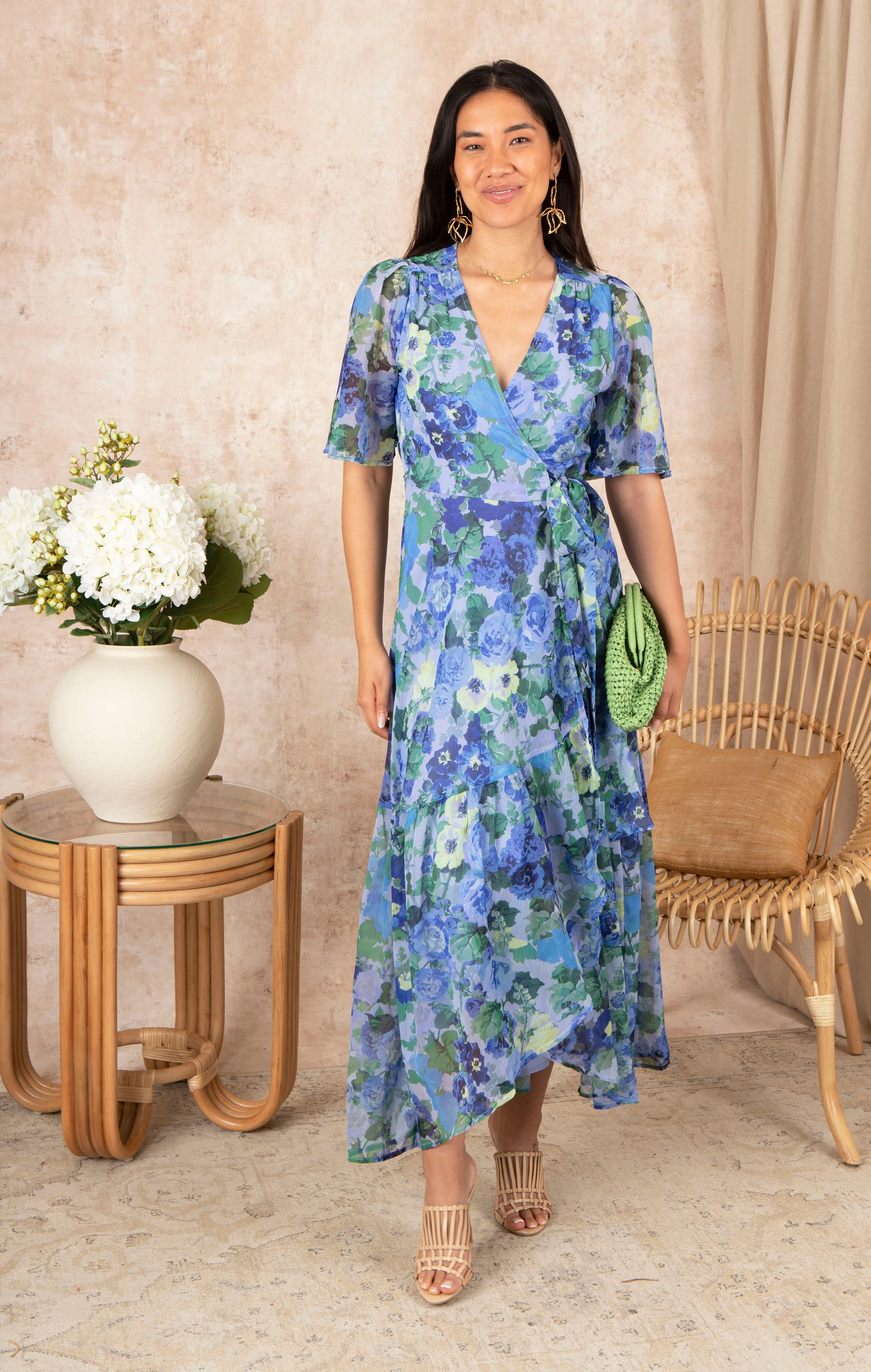 THE NORA FLUTTER SLEEVE MAXI WRAP DRESS (BLUE)
