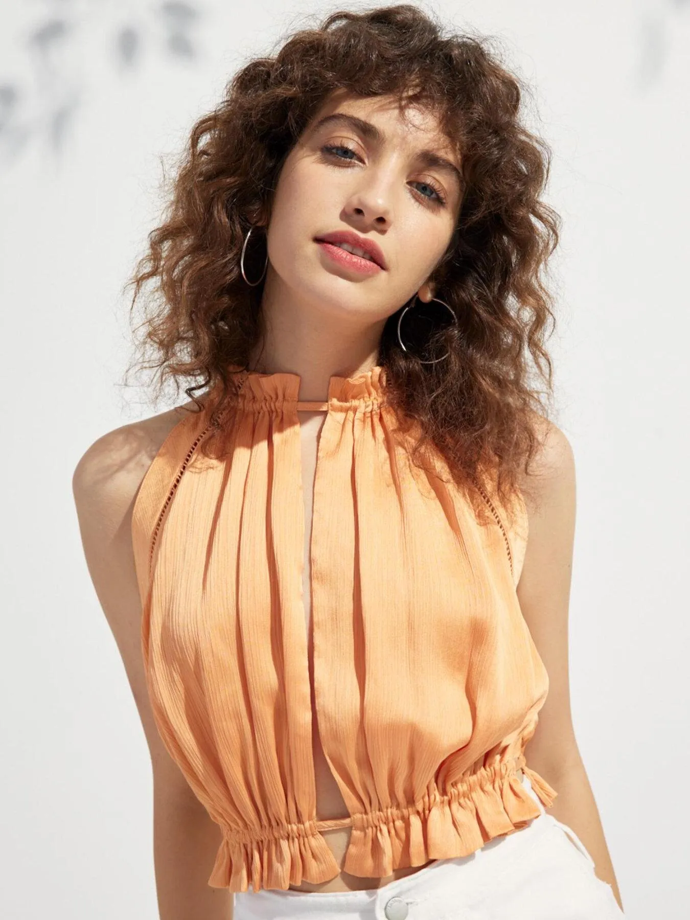 Tie Back Frill Drawstring Crepe Satin Top