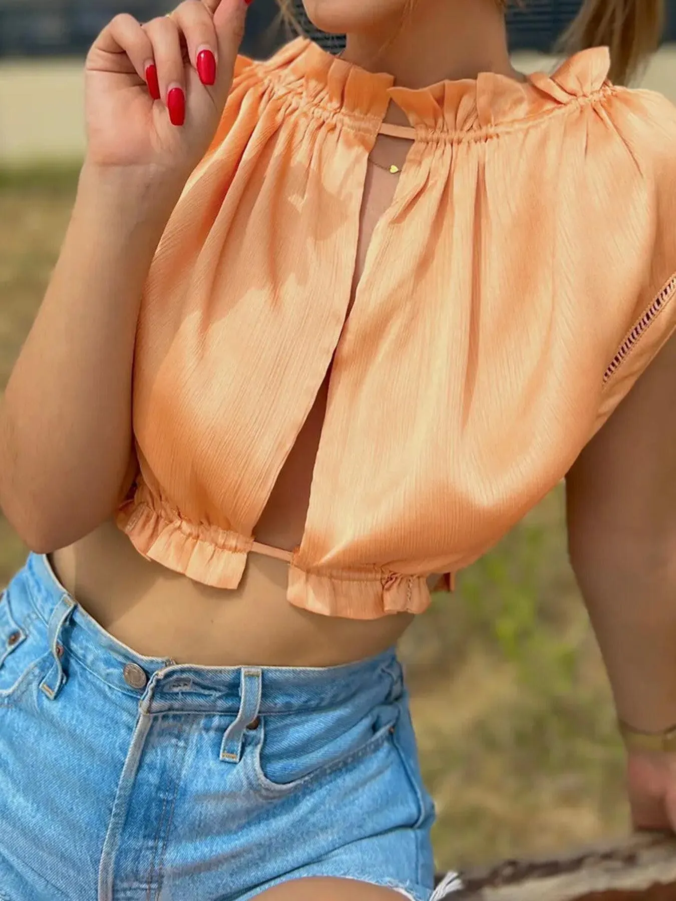 Tie Back Frill Drawstring Crepe Satin Top