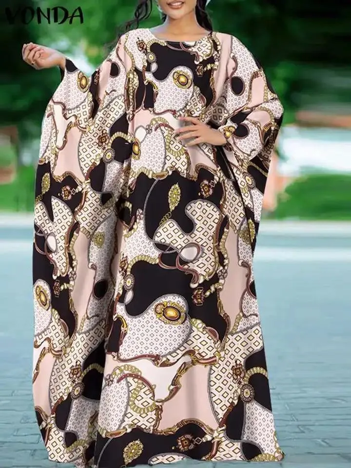 VONDA Bohemian Women Vintage Floral Printed Party Robe O-Neck 2XL S1011218