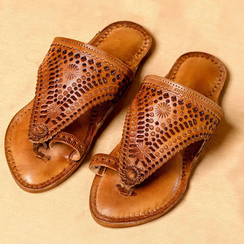 Women's Genuine Leather Kolhapuri Chappal - Orange Brown Rustic Charm