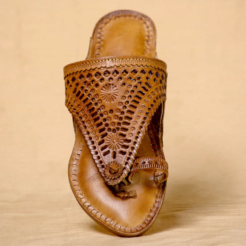 Women's Genuine Leather Kolhapuri Chappal - Orange Brown Rustic Charm